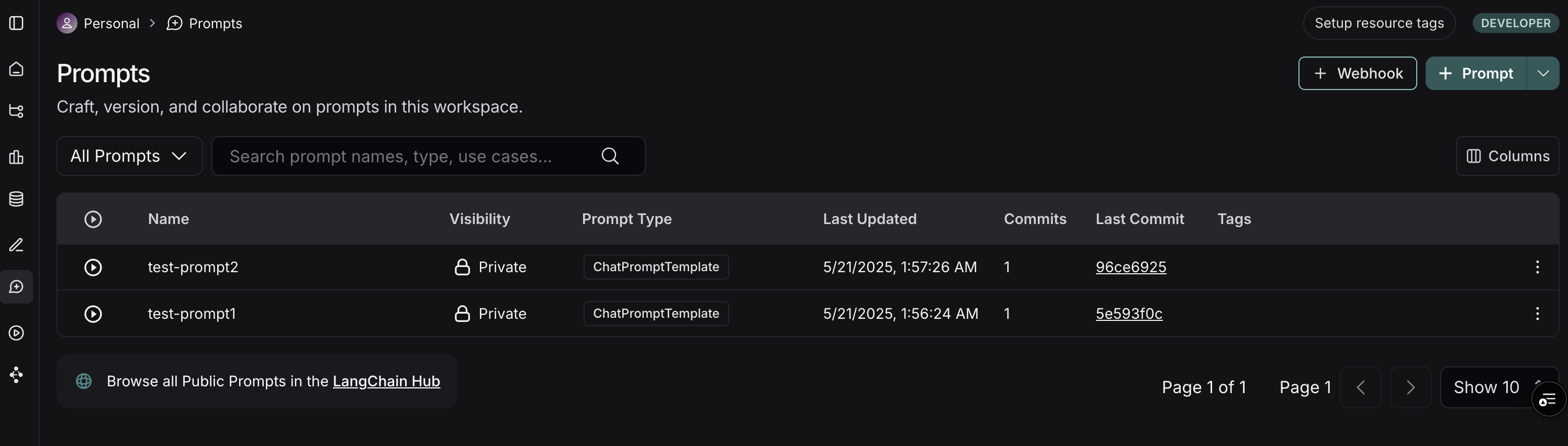 LangSmith Prompts section